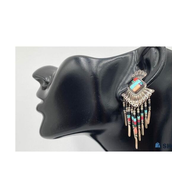QT Quoc Turquoise Sterling Silver Southwestern Fringe Drop Earrings Signed - Picture 5 of 6